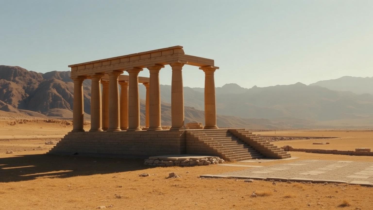 Stone columns of Persepolis on the Iranian plateau with dry mountains behind