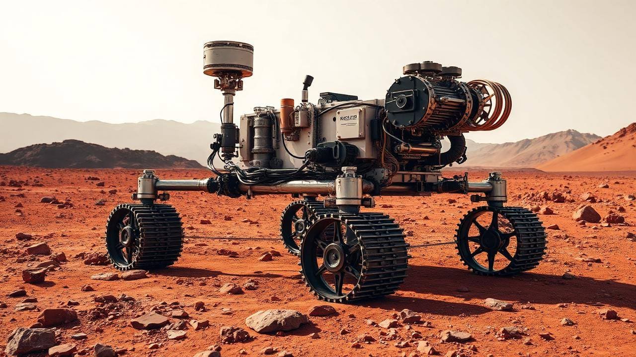 Robotic planetary rover on rust-red rocky terrain under a pale sky