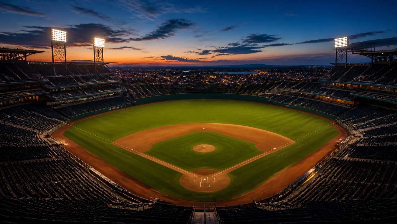 Empty baseball stadium at dusk seen from high behind home plate, floodlights coming on over an empty infield