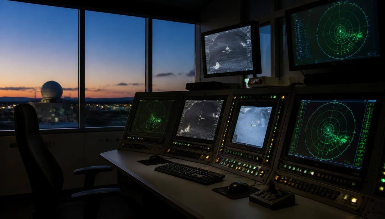 Radar and infrared tracking consoles glowing in a darkened air-defense operations room at dusk