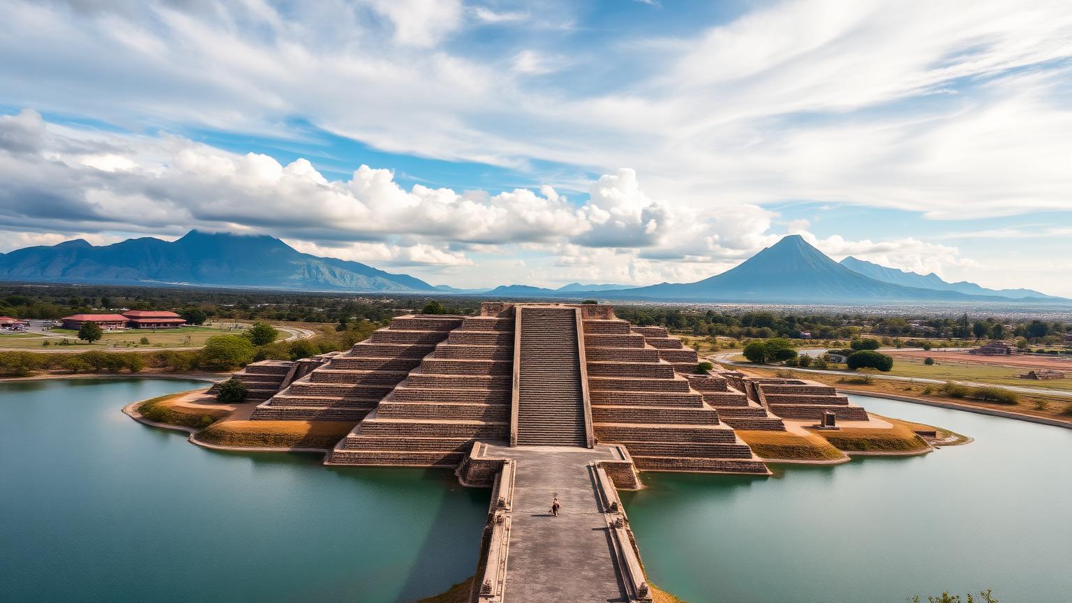 A stepped Mesoamerican pyramid beside a lake causeway with volcanoes on the horizon