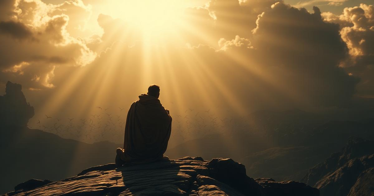 Illustration of Enoch beneath an opening sky, representing the coming of the Holy One with heavenly beings