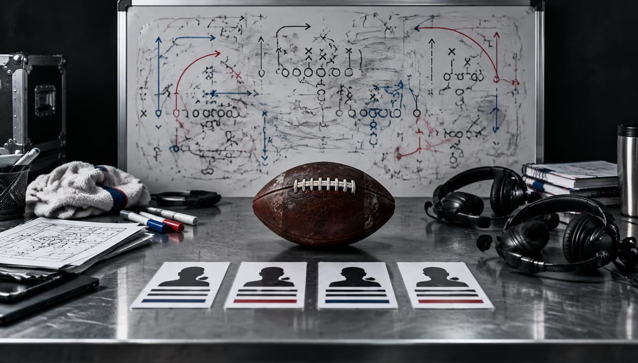 A quarterback silhouette at the center of changing playbooks, coaching diagrams and organizational decision paths.