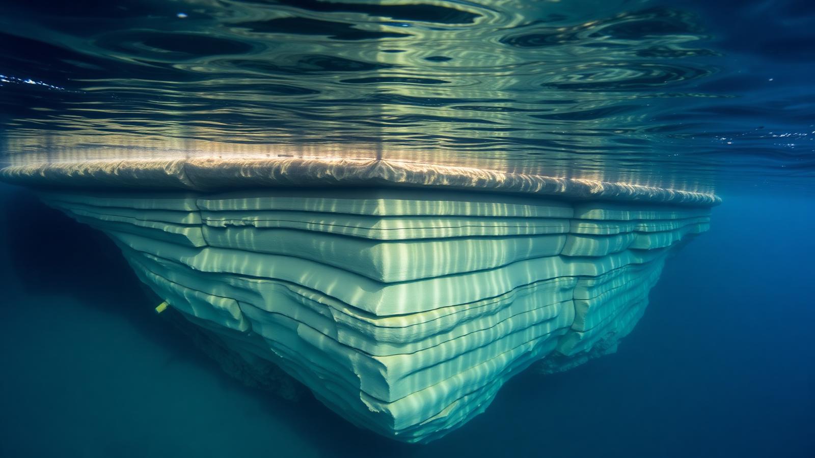Submerged sandstone formation with flat terraces and straight fracture lines in clear blue water