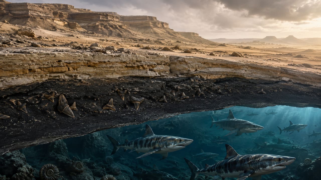 Editorial reconstruction of prehistoric sharks swimming above marine sediment beneath Egypt’s modern Western Desert, with fossil shark teeth embedded in exposed geological layers.