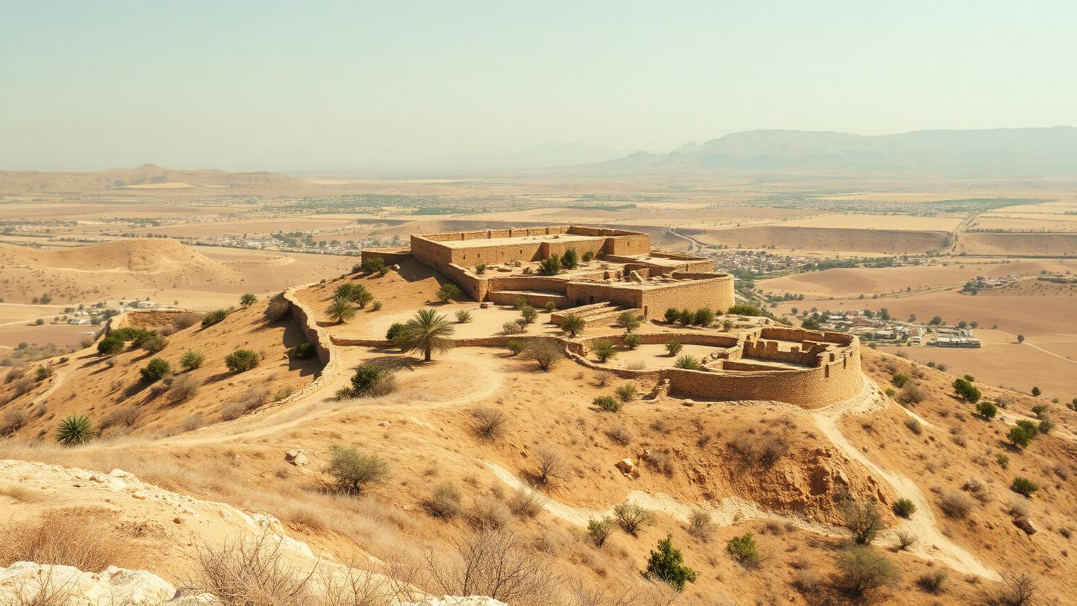 Iron Age hilltop settlement ruins above dry terraced farmland in the southern Levant