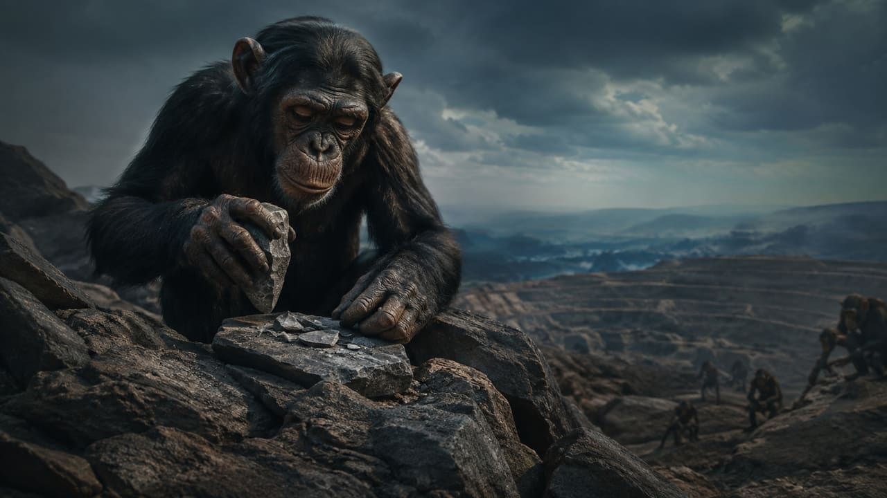Capuchin monkey using a stone tool, representing archaeological evidence of non-human primate technology and culture.