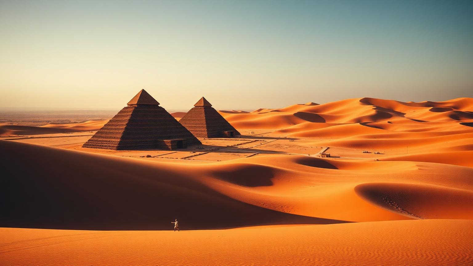 Steep-sided Nubian pyramids at Meroe among red desert dunes