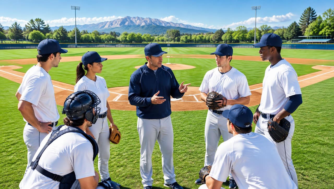 AI-generated illustration of an unbranded baseball team discussing positioning on a practice field.
