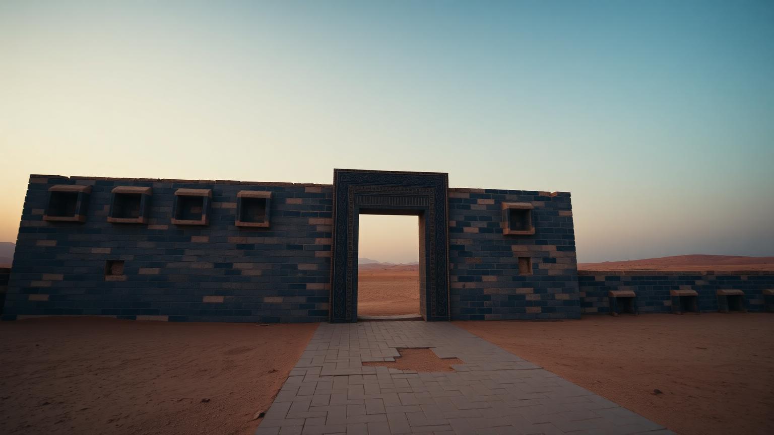 Blue glazed brick gateway of ancient Babylon at dusk on a desert plain