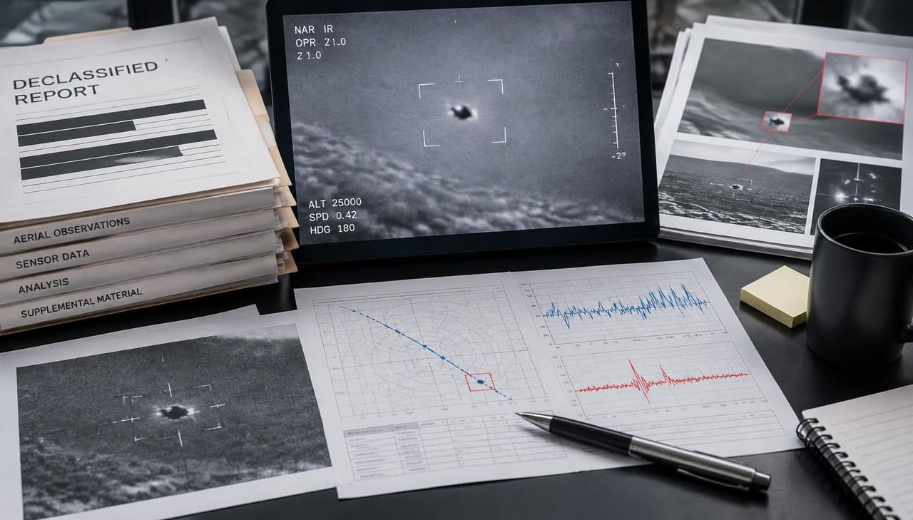 Declassified report folders, sensor imagery and analytical charts arranged on a dark evidence desk.