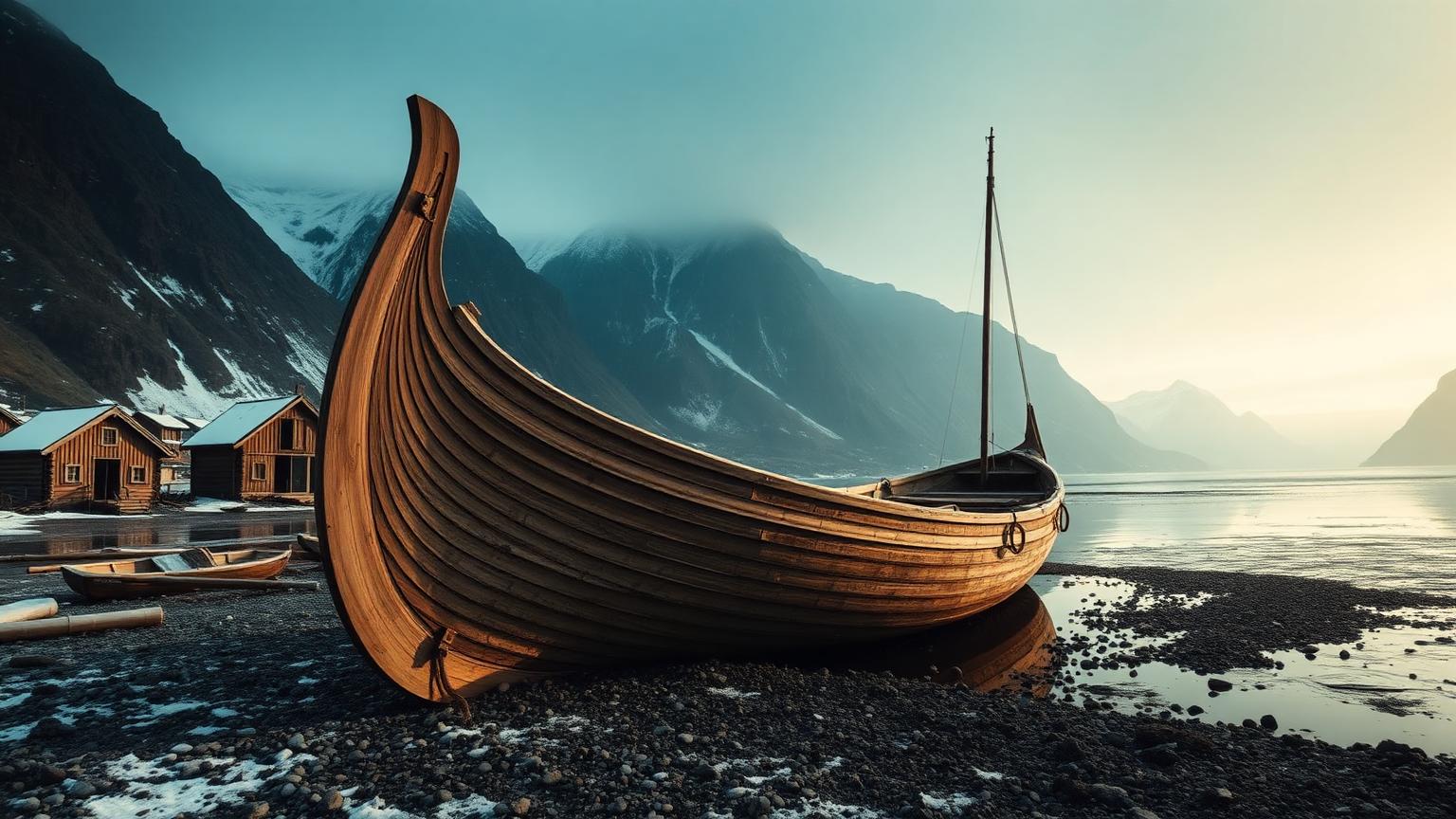 A clinker-built longship hull on a cold fjord shore beneath dark mountains