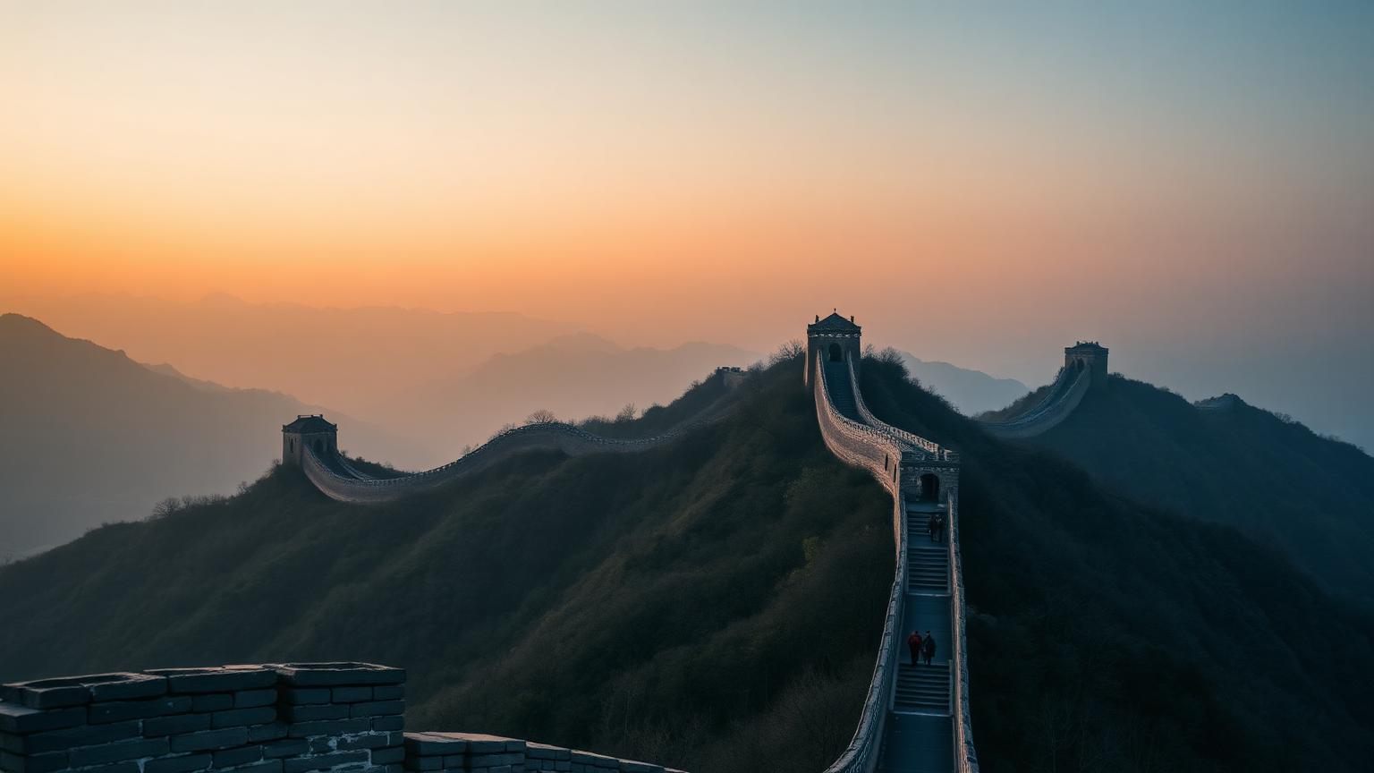 The Great Wall winding across misty Chinese mountain ridges at dawn
