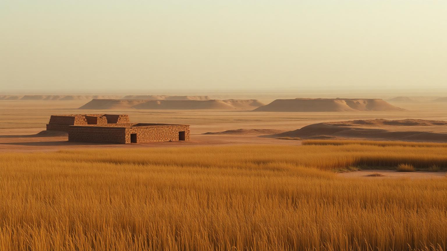 Ruin mounds and barley fields on the hazy Mesopotamian alluvial plain
