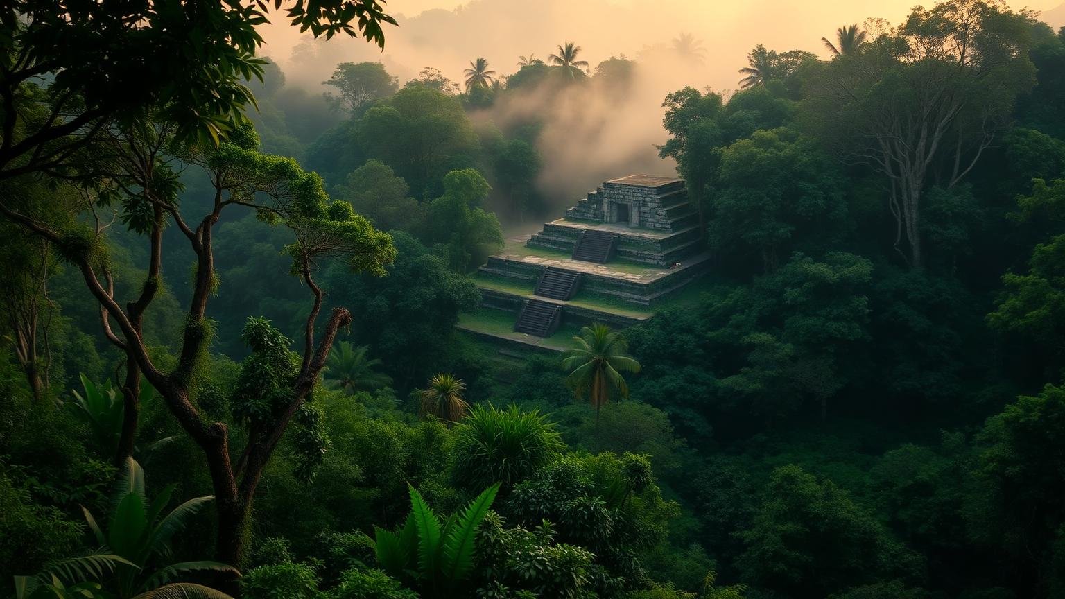 A Maya limestone temple emerging above misty jungle canopy at dawn