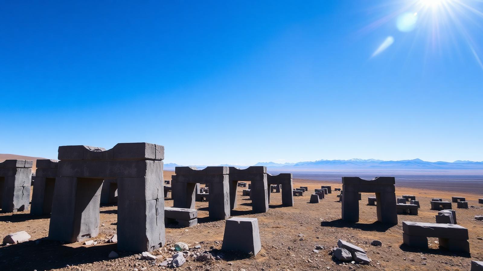Precisely cut grey andesite H-blocks scattered across the Bolivian altiplano under a blue sky