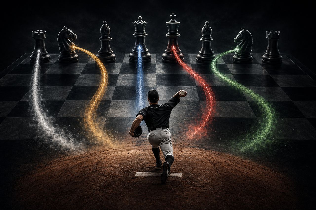 Baseball pitcher throwing from the mound as colored pitch trails arc across a dark stadium, illustrating how pitching controls the first move of an MLB plate appearance.