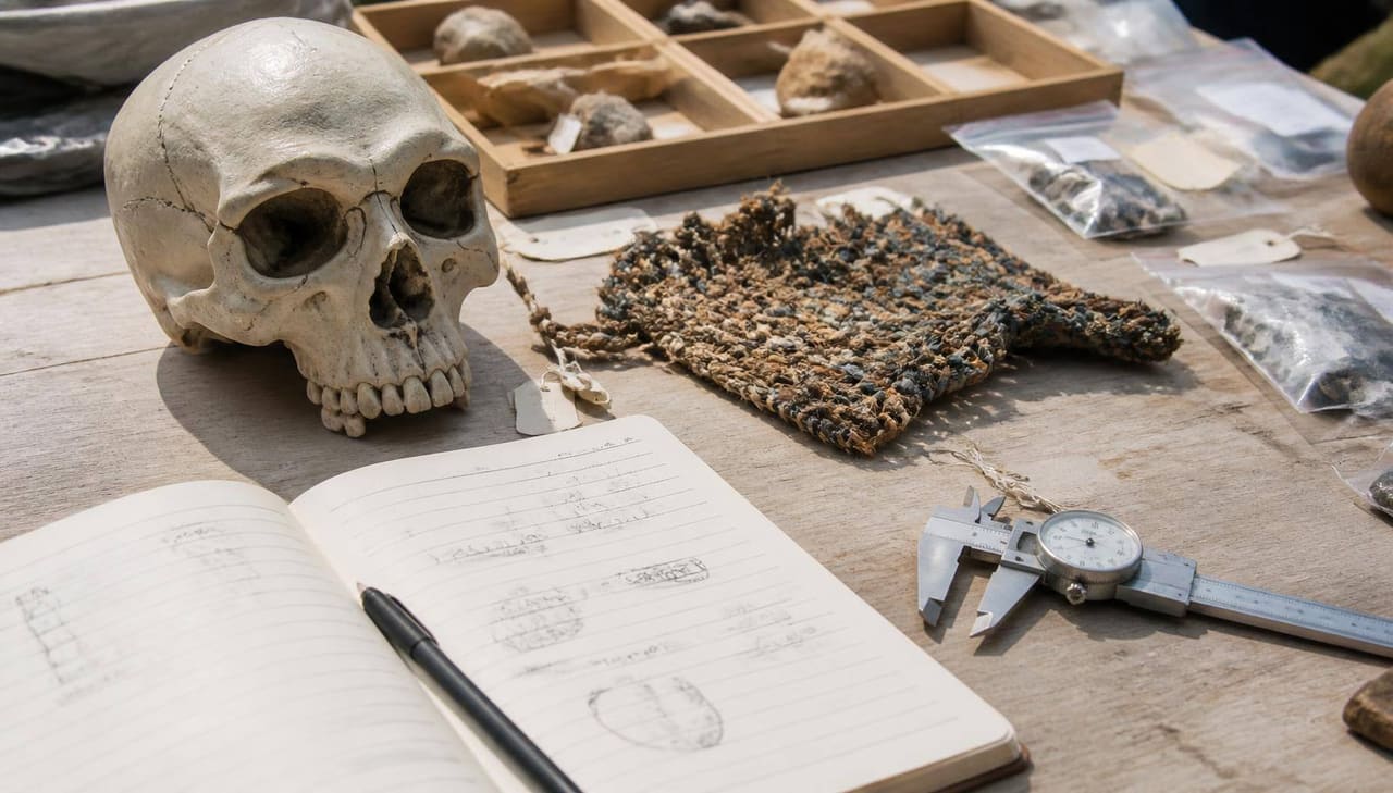 Anthropology field bench in daylight with a hominin skull cast, woven textile fragment, calipers and a field notebook