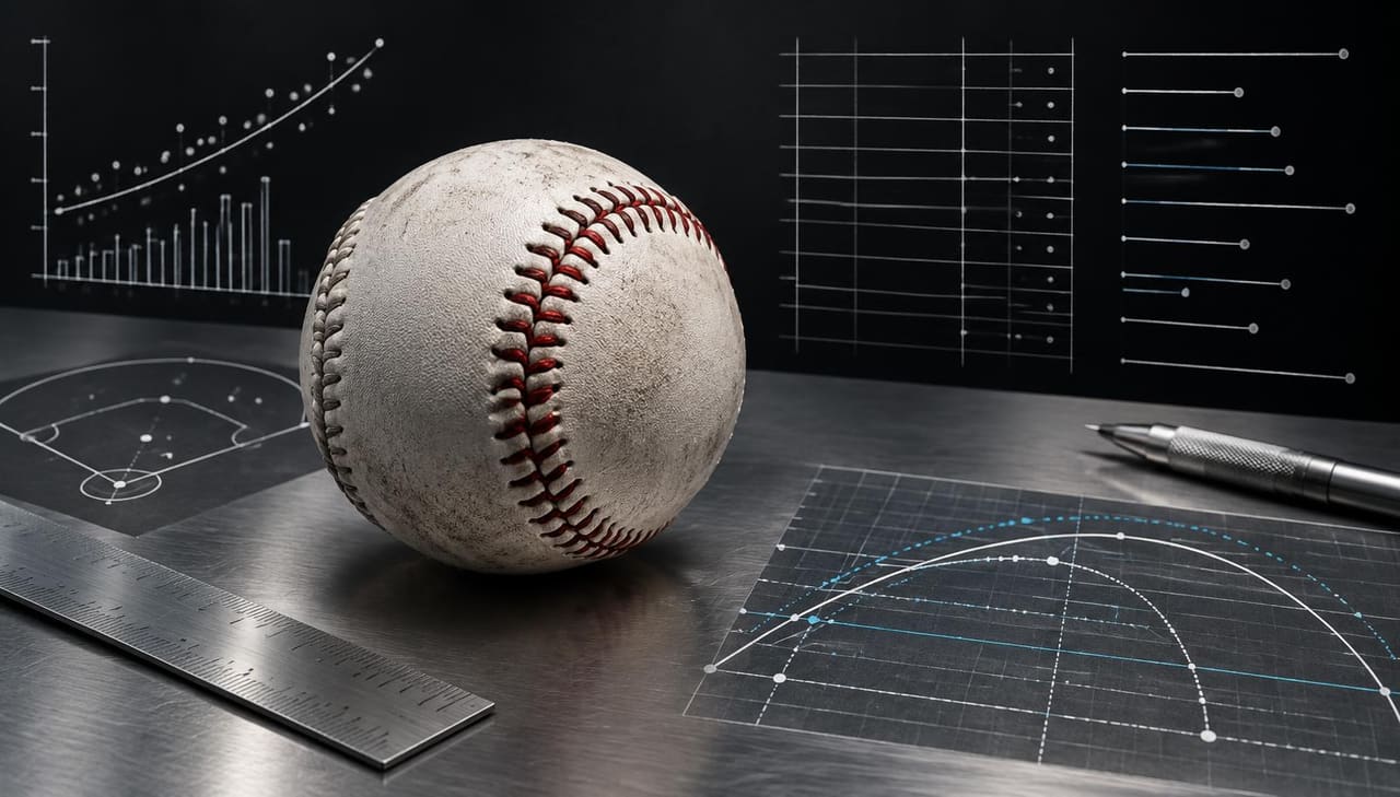 A baseball on a steel analysis table surrounded by run-value charts and measurement tools.
