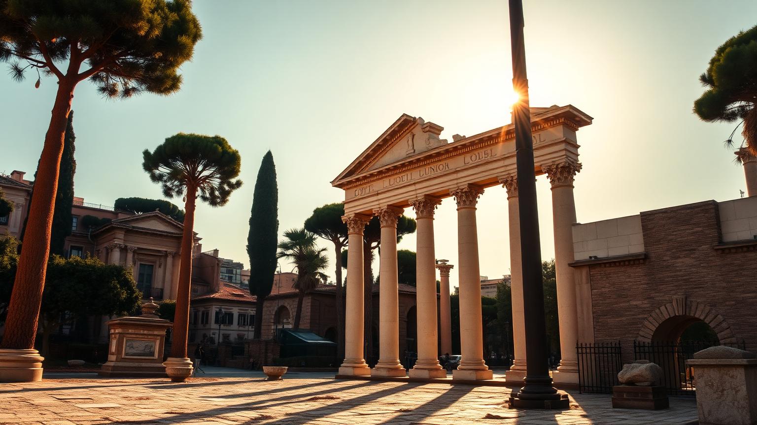 Standing columns and stone arches of the Roman Forum in warm low sunlight