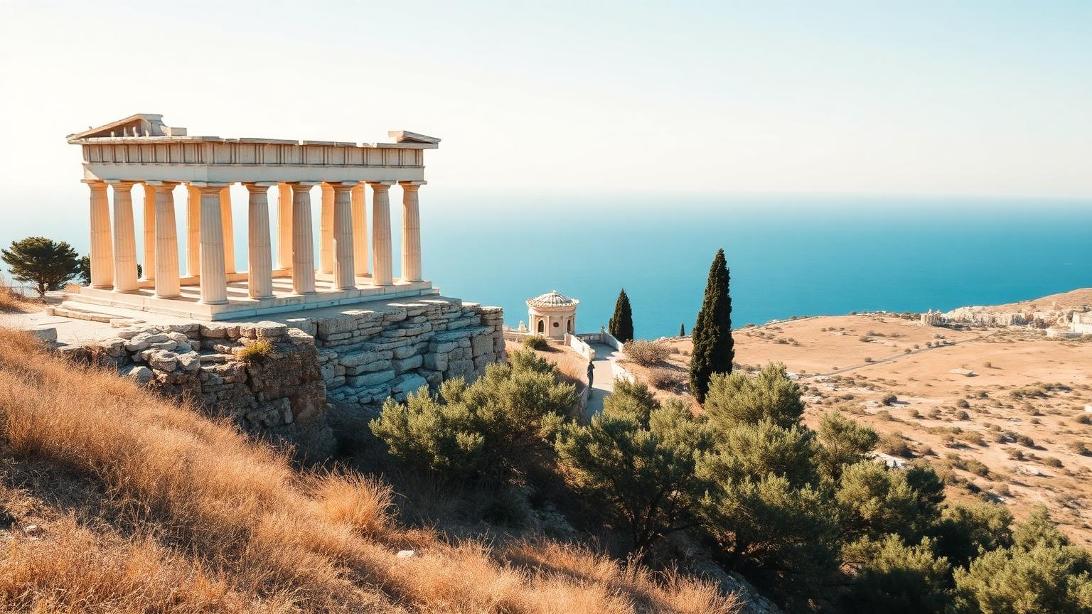 Marble temple ruins above the deep blue Aegean sea in bright Mediterranean light