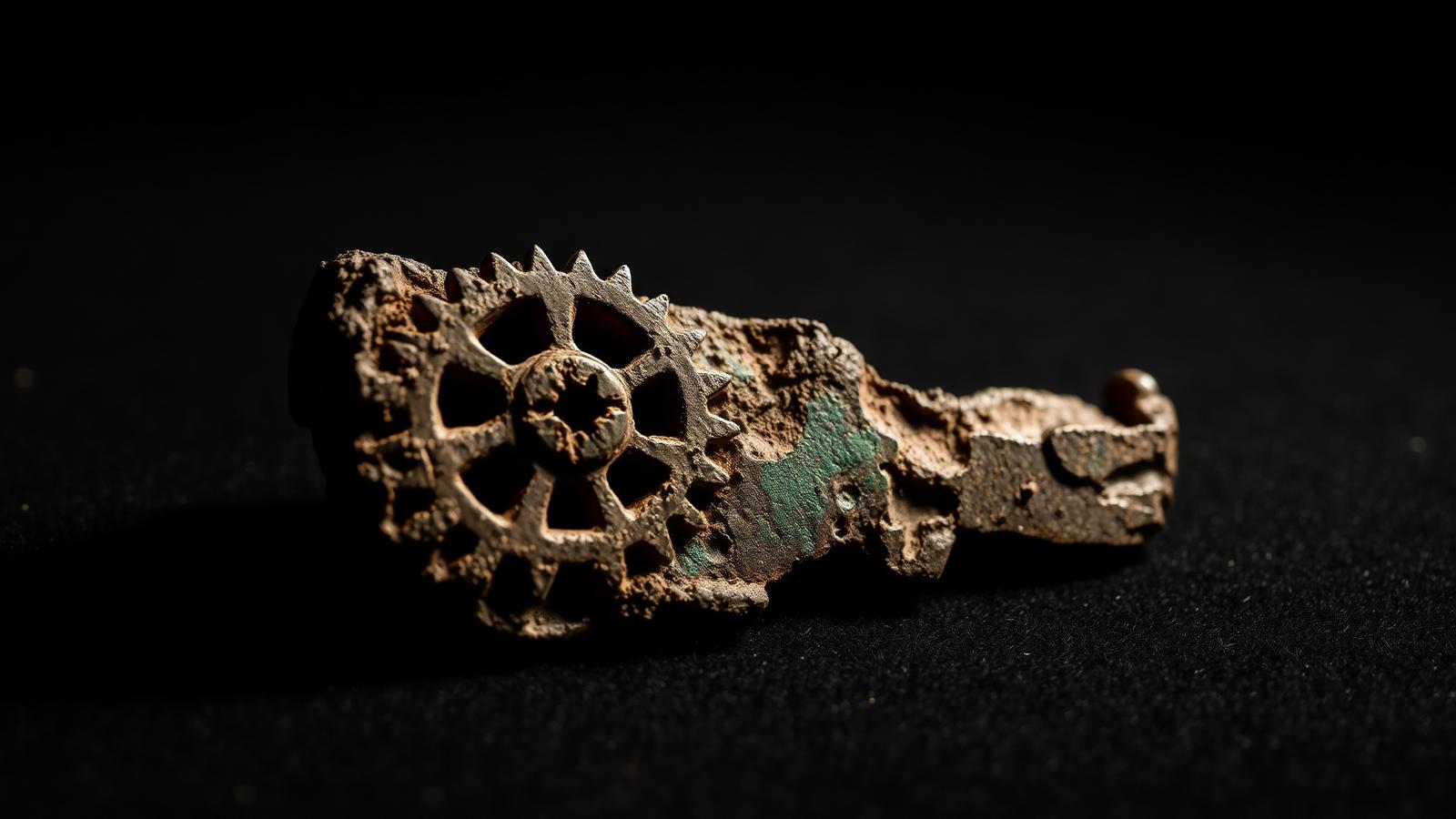 Corroded ancient bronze gear fragment with triangular teeth on a dark museum surface