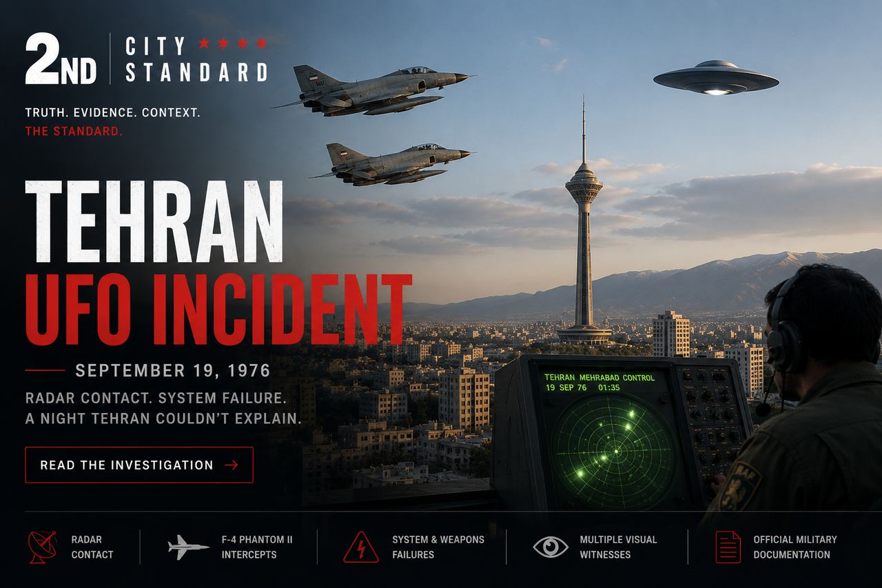 Editorial illustration of the 1976 Tehran UFO Incident showing two Iranian F-4 Phantom II fighter jets intercepting a brightly illuminated unidentified object over Tehran with a military radar operator monitoring the event.