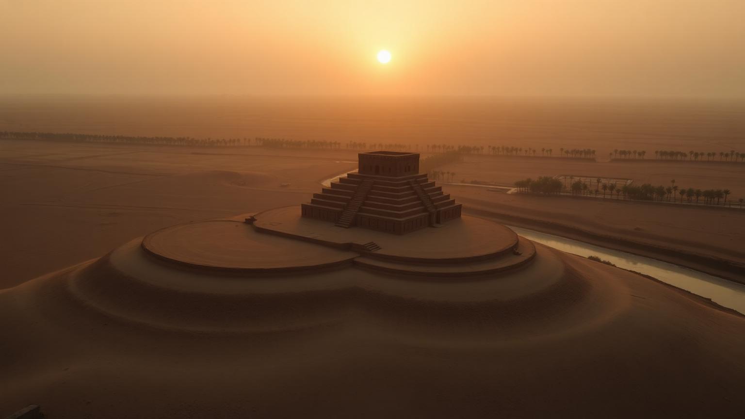 A mudbrick ziggurat on a flat river plain at dawn, irrigation channel alongside