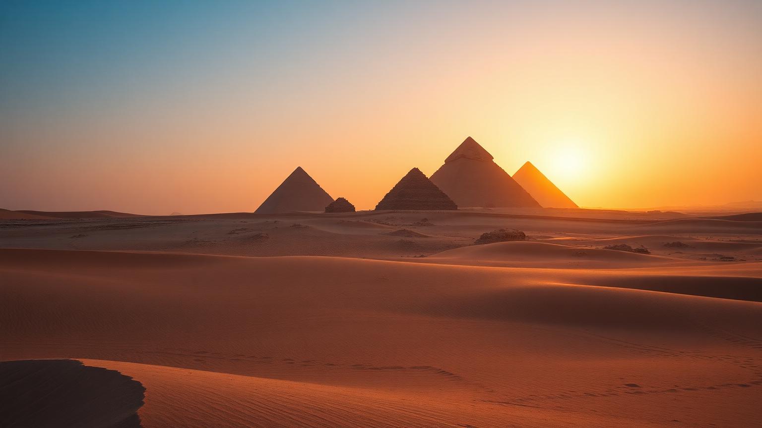 The Giza plateau at golden hour, pyramids rising through desert haze