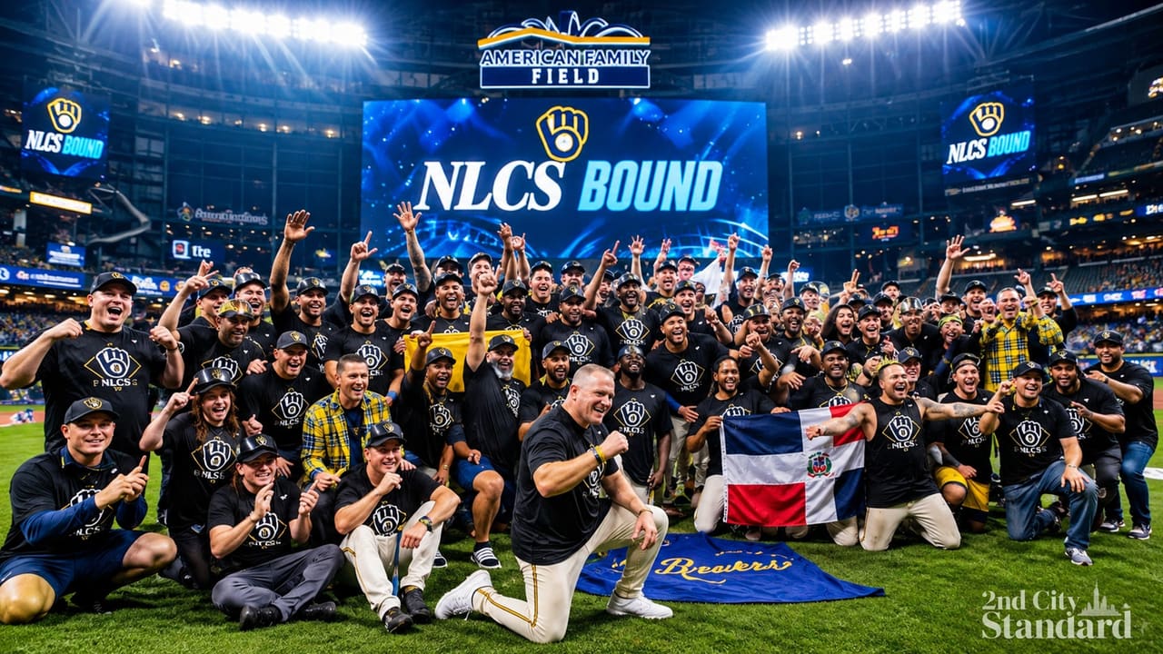 Milwaukee Brewers players celebrate on the field beneath an NLCS Bound stadium display.