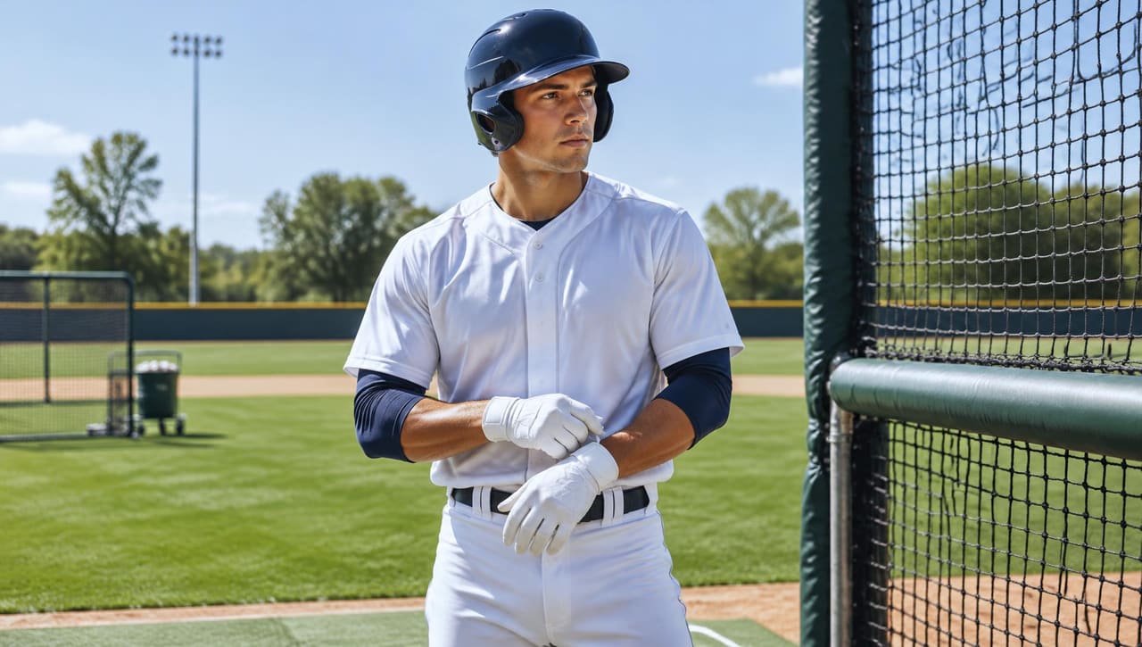 AI-generated illustration of an anonymous batter preparing beside a practice batting cage.