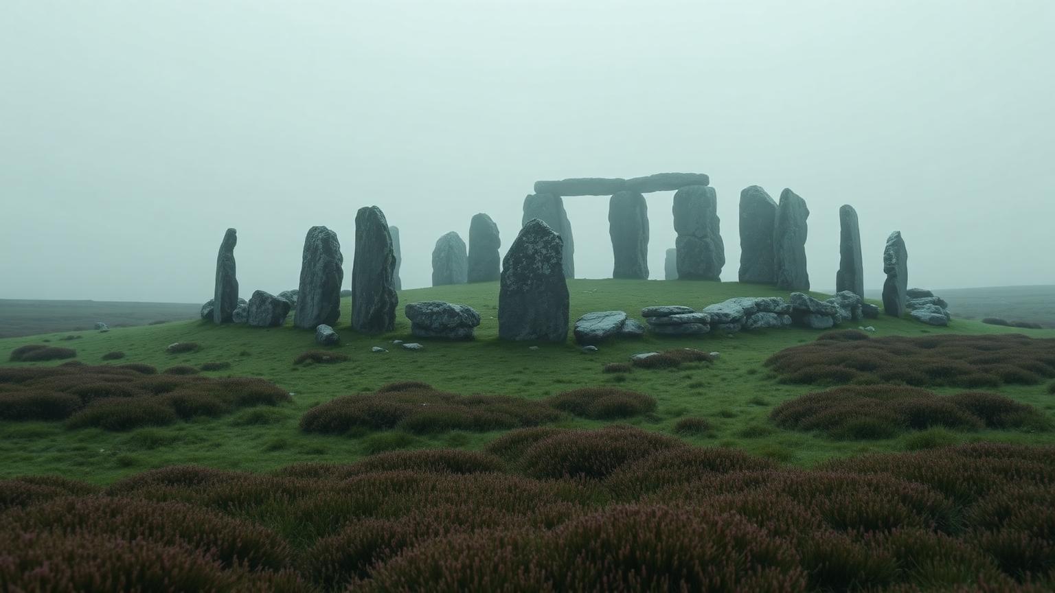 Standing stones on a misty green hillfort in northern European moorland