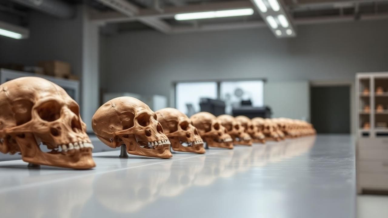 Row of hominin skull casts arranged on a laboratory bench under bright light