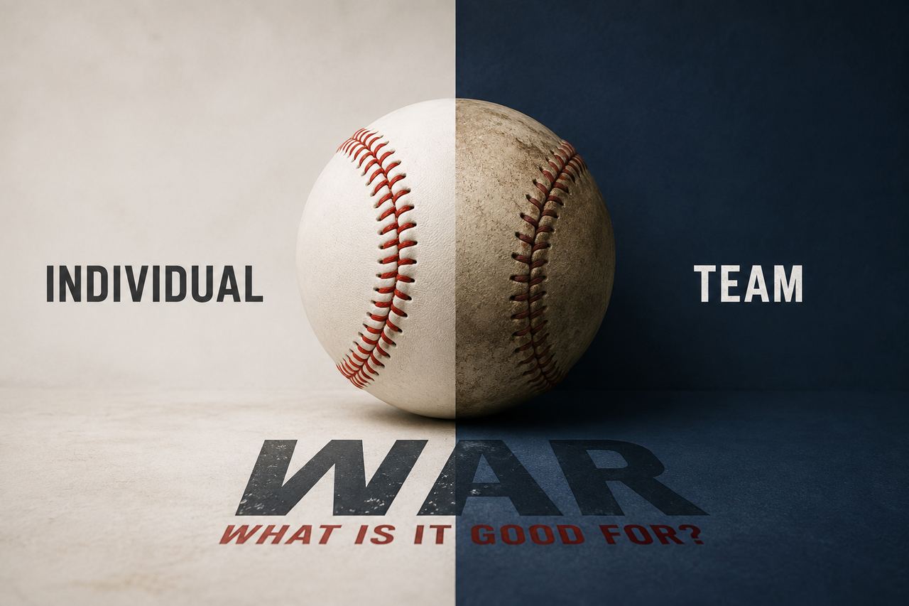 A baseball split down the middle between a bright individual side and a dark team side, with the word WAR and the question "What is it good for?" printed beneath it.