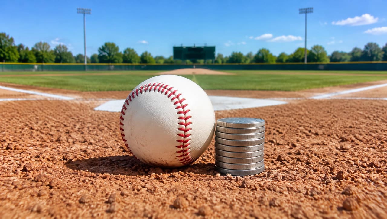 AI-generated illustration of a baseball beside silver coins on an infield in daylight.