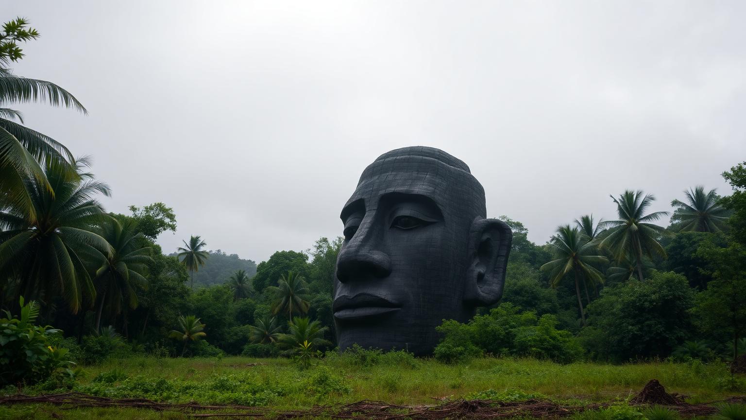 A colossal Olmec basalt head in a humid tropical clearing under overcast light