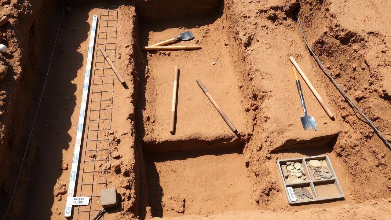 Archaeological excavation trench with a string grid, trowels and labeled finds trays