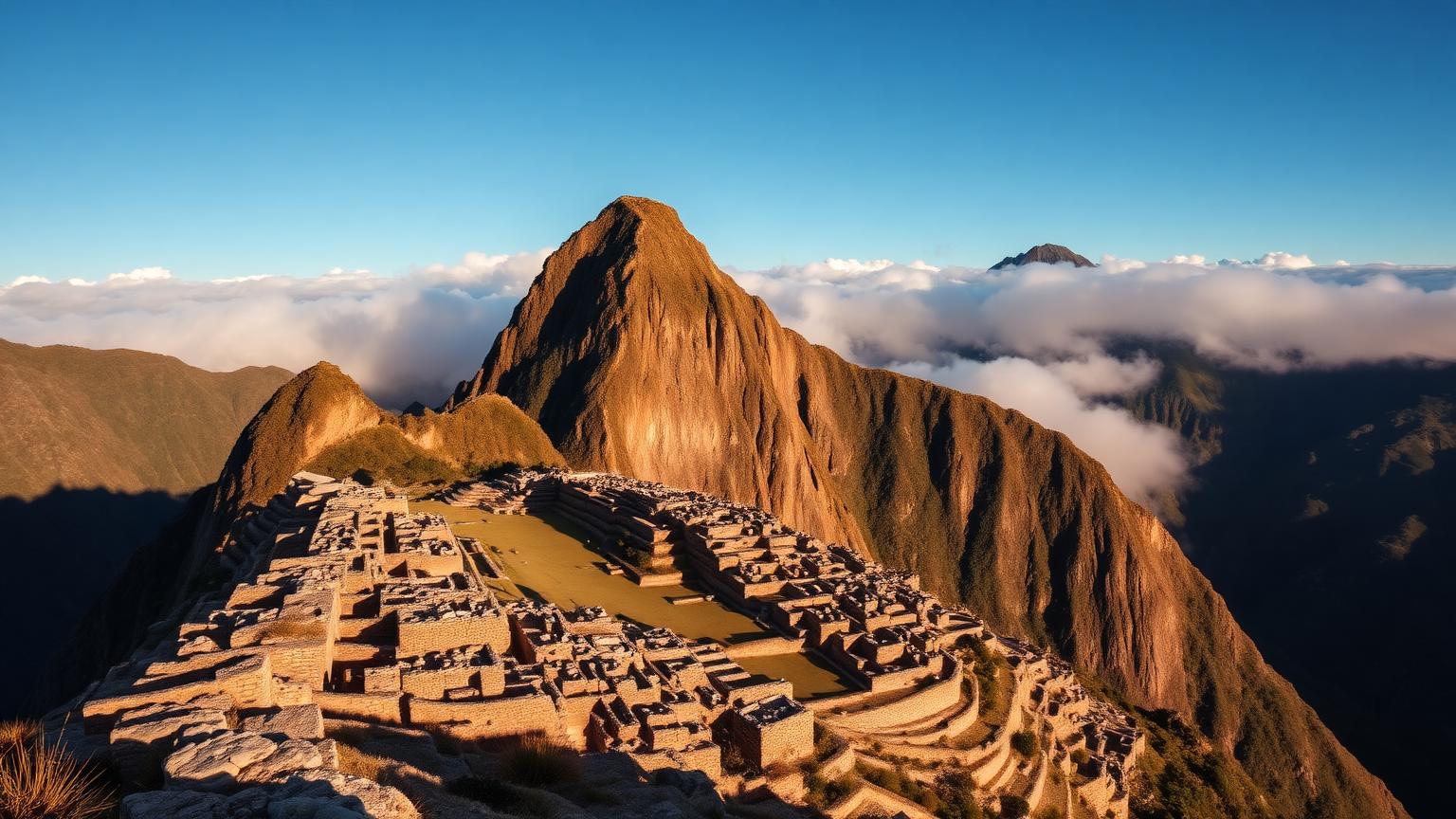 Inca stone terraces and ruins on a high Andean ridge above a sea of cloud