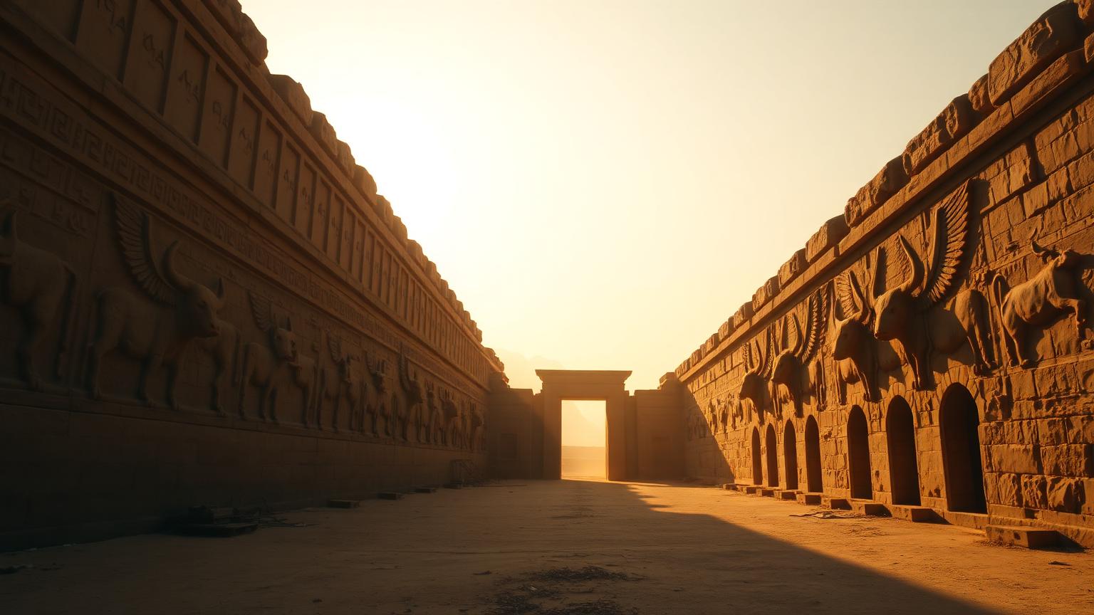 Carved Assyrian palace reliefs and winged bull gate figures in golden light