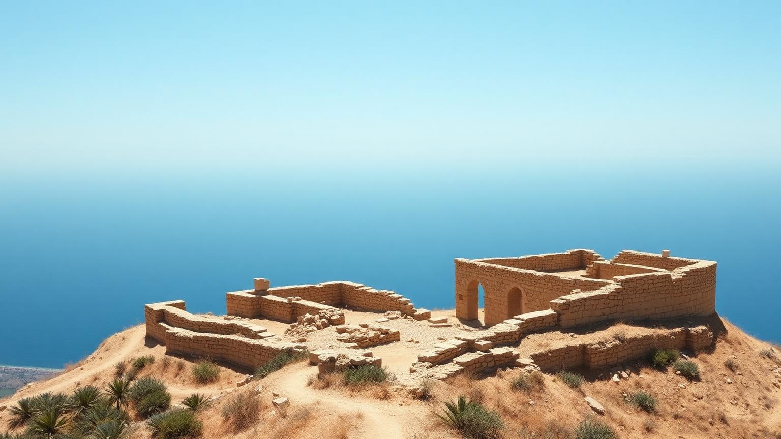 Punic stone ruins on a North African coastal hill above the Mediterranean