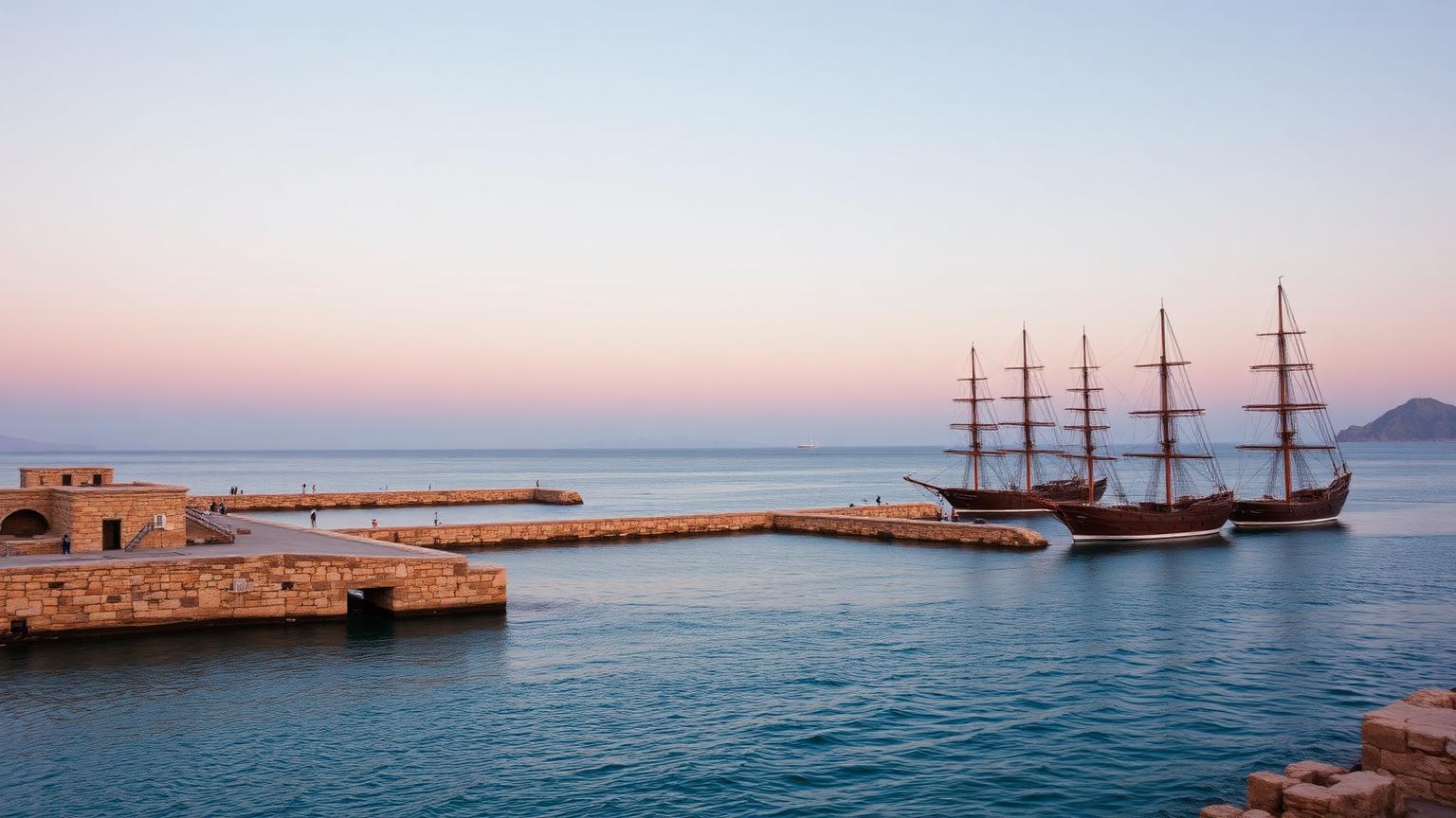 Stone harbour quays and moored ships on a calm Levantine coast at dusk