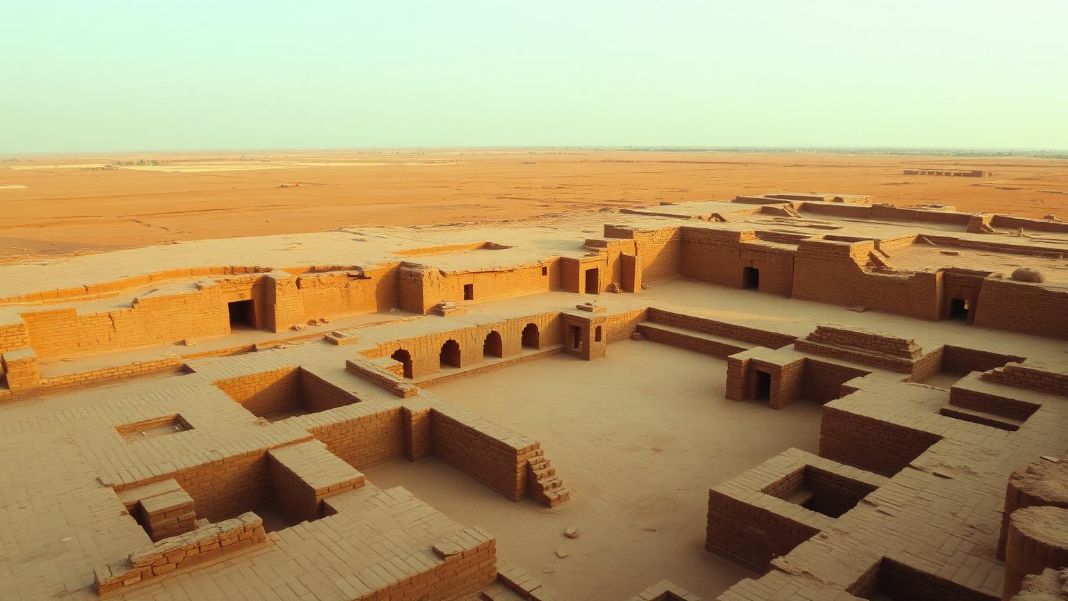 Excavated brick street grid and great bath of an Indus Valley city on a dusty plain