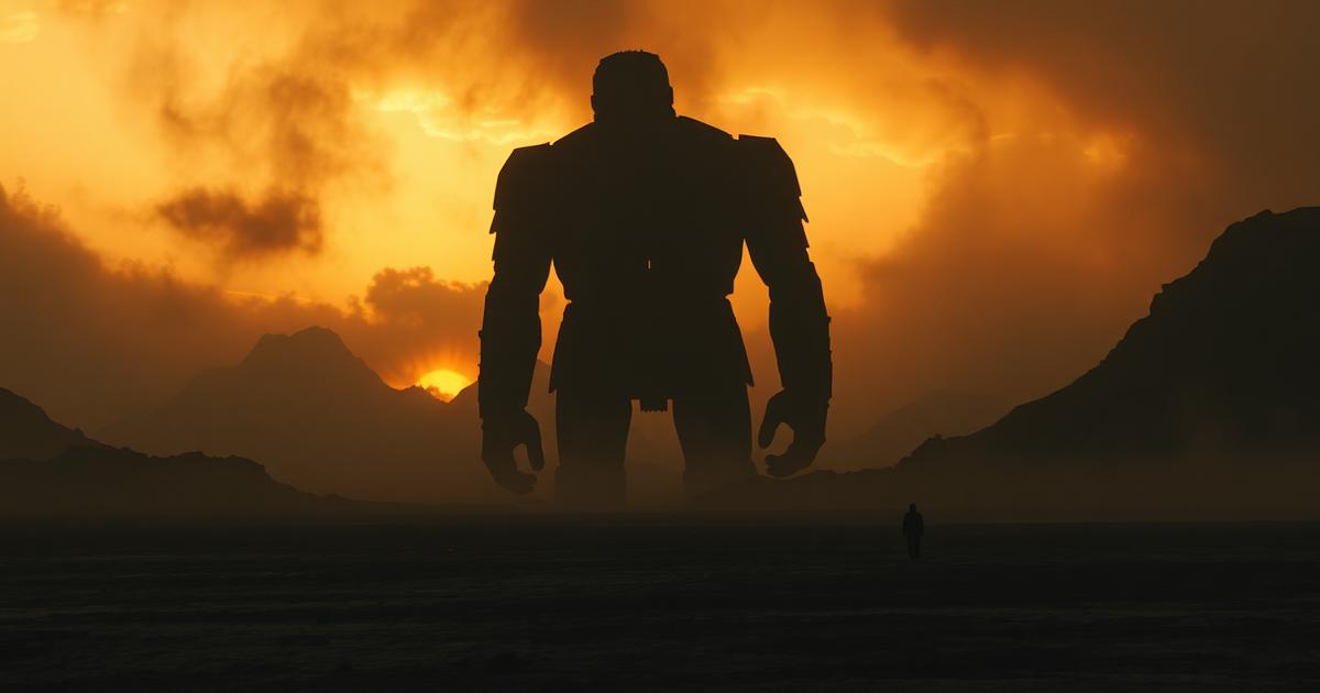 Dark mountain silhouettes representing the overwhelming scale and destructive appetite of the giants