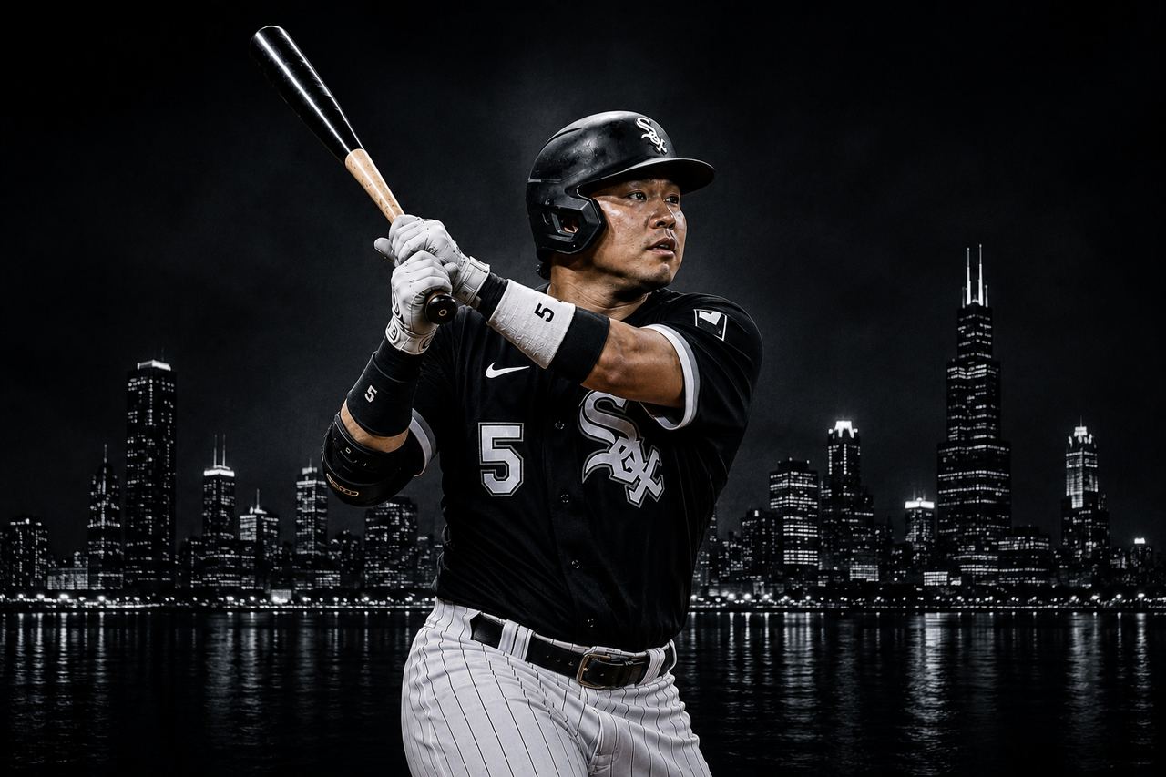Munetaka Murakami depicted at the plate for the Chicago White Sox against a dark Chicago skyline, illustrating the team’s powerful, resilient Rocky Balboa-style identity.