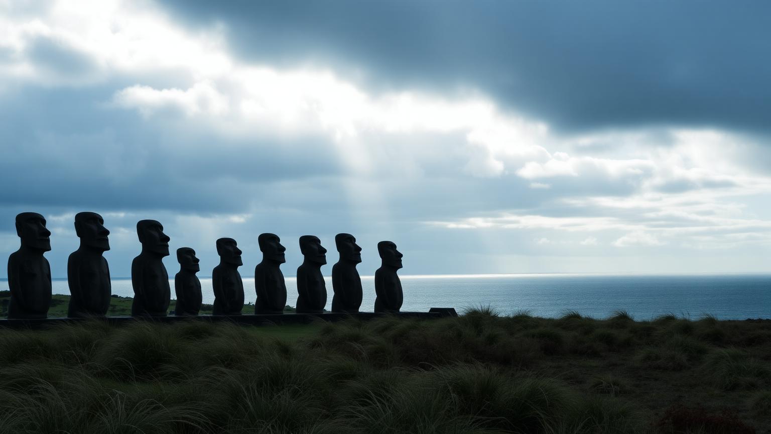 Moai statues silhouetted against the Pacific horizon on windswept volcanic grassland