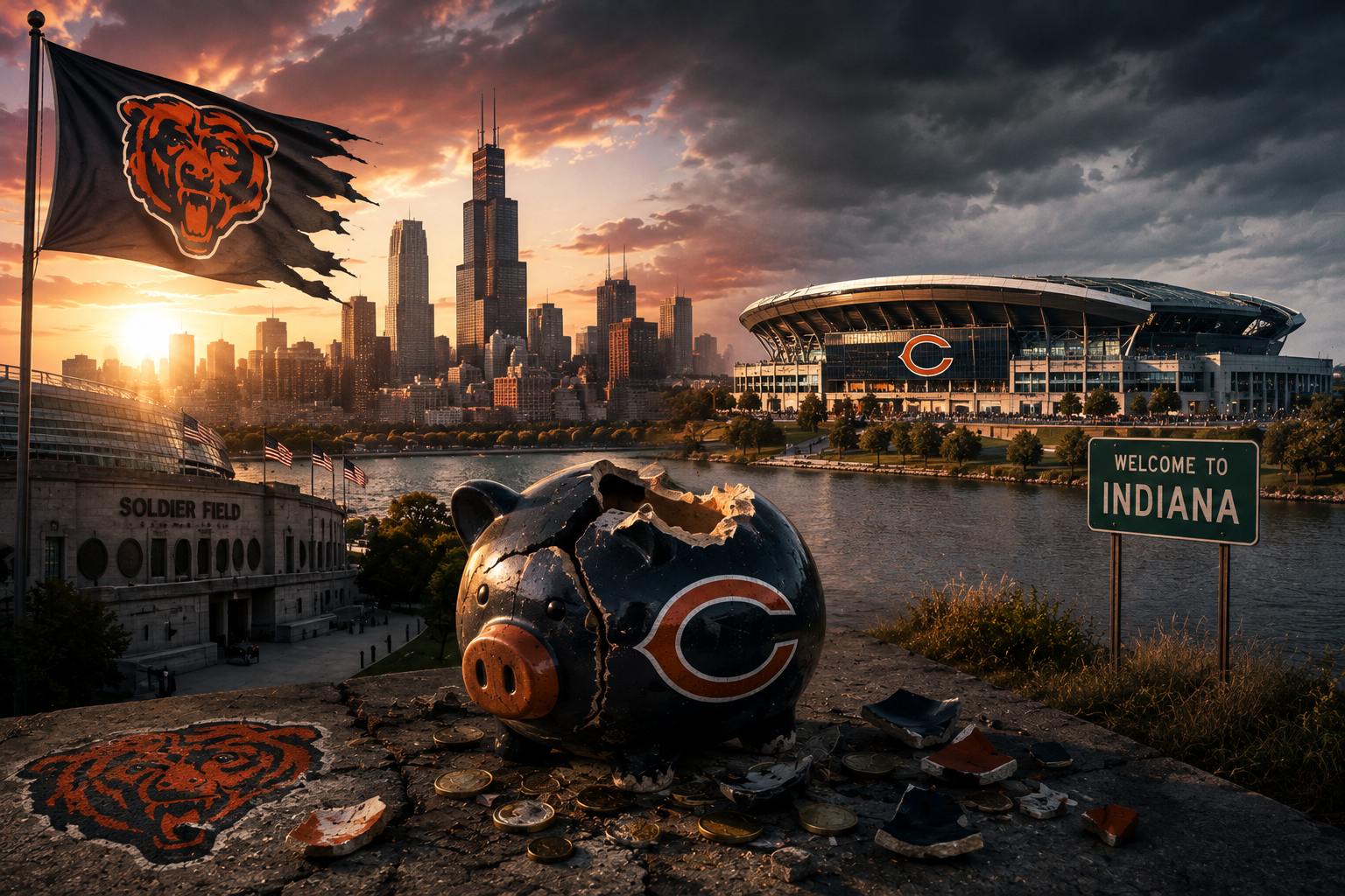Chicago Bears-inspired imagery overlooking the Chicago skyline and Soldier Field with a cracked Bears piggy bank and an Indiana border sign symbolizing the fight over stadium financing.