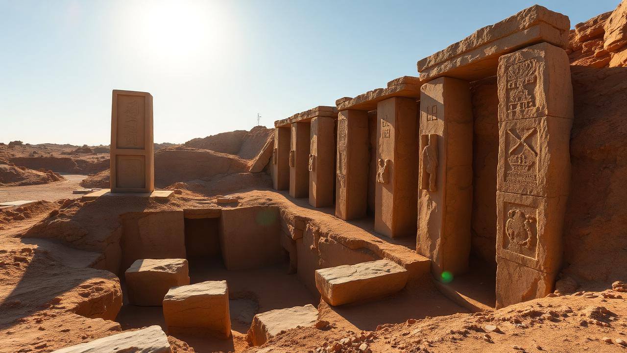 Carved megalithic stone pillars exposed at an excavated ancient site in bright daylight