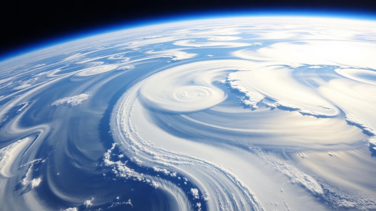 Swirling storm systems and blue ocean seen across Earth's curved horizon from orbit