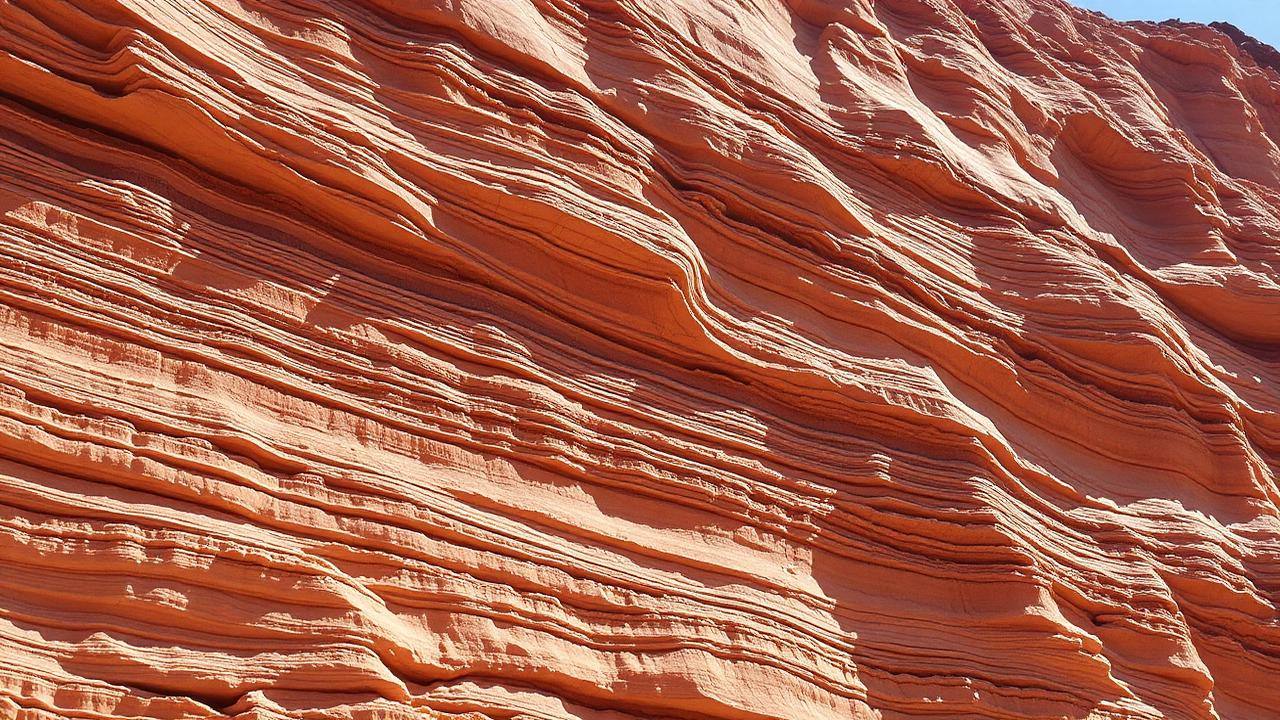 Layered sedimentary rock strata exposed in a bright sunlit cliff face